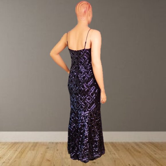 ELIZA J size 14 black sequined thin-strap full-length gown 100% nylon dry clean - Picture 4 of 12